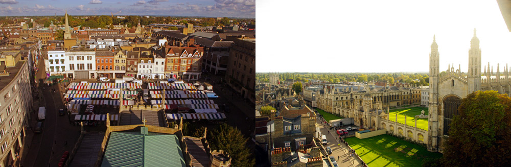 View from St. Mary's church tower over Cambridge